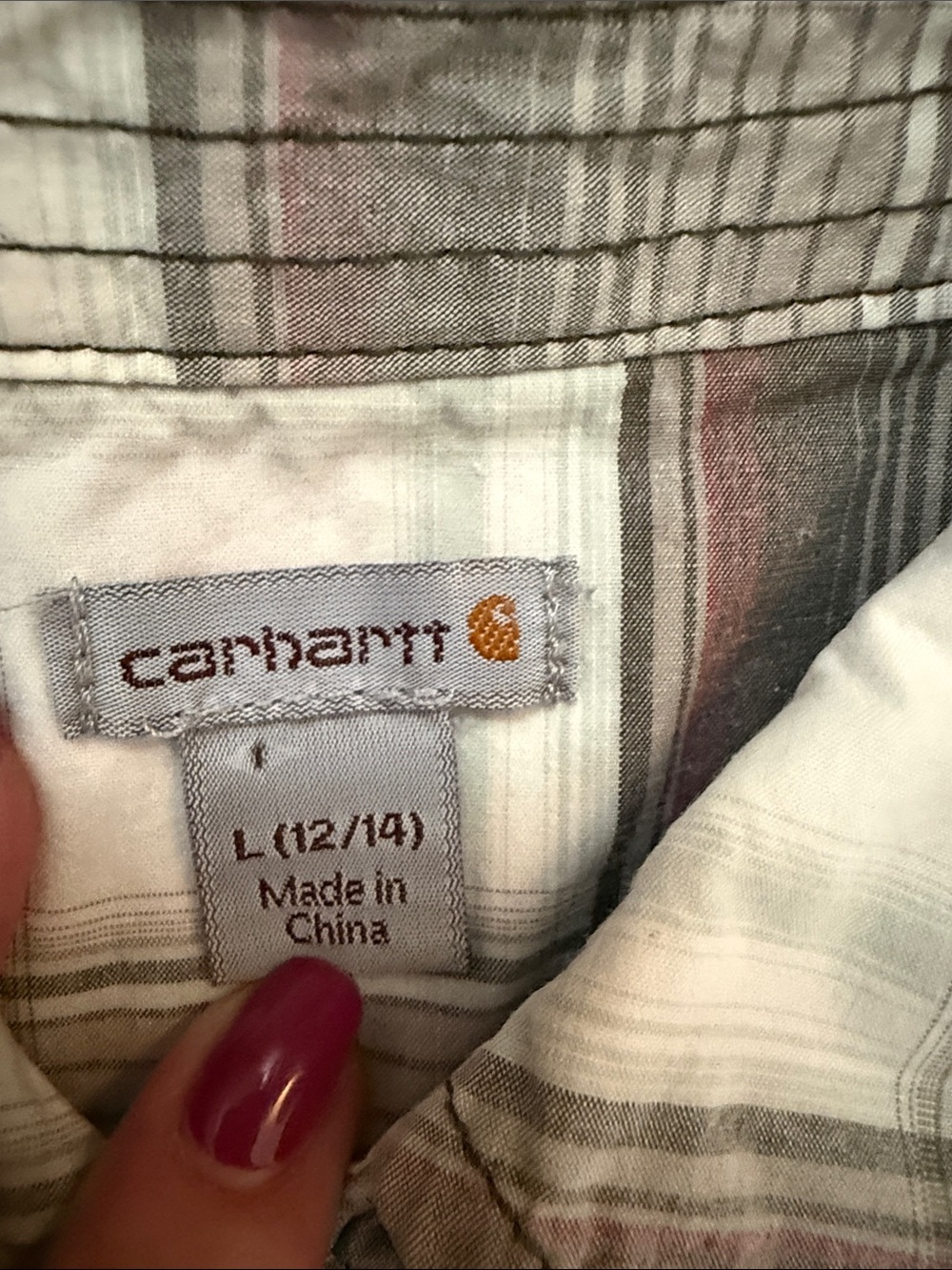 Carhartt Boys (or women’s Smal) Plaid Button-Down Shirt - White & Gray - Picture 2 of 3